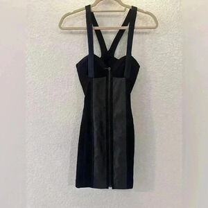 Bebe Black Mini Dress Mesh Panels & Adjustable Straps Size 0 Elegant Eveningwear